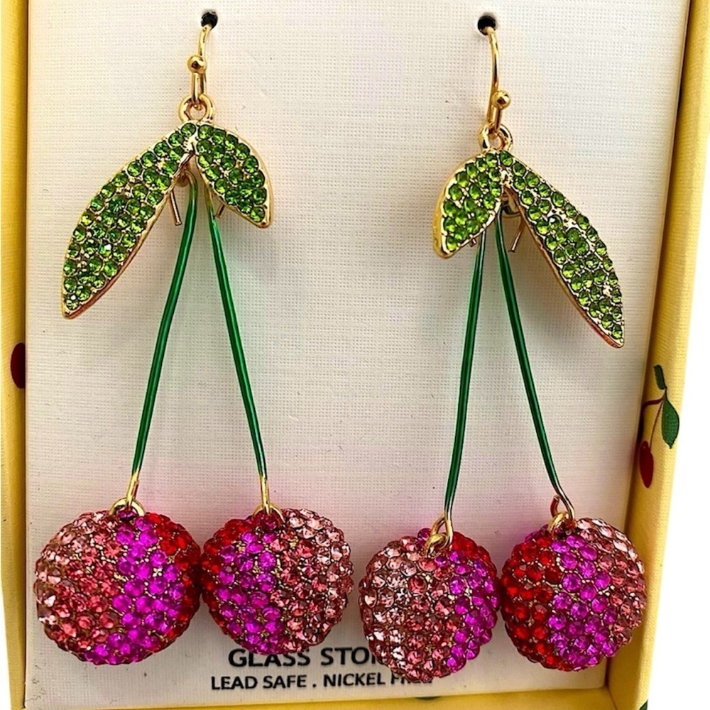 Crystal Cherry Statement Dangle Earrings Pink Gre… - image 1